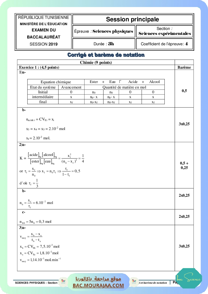 Corrigé principale physique Bac 2019 – Section science